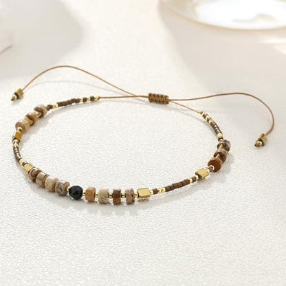 KELITCH Crystal Agate Friendship Bracelet Handmade Seed Beads Adjustable Bracelets for Women - color: Brown