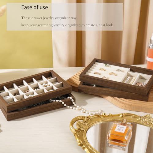Wooden Jewelry Organizer Trays for Drawer, Stackable Jewelry Drawer Organizer Inserts, Set of 4 Jewelry Storage Flat Stacking Display Case Box for Rings Stud Necklaces(Beige)