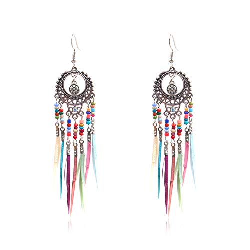 Set Bohemian Tassel Beaded Flower Drop Dangle Earrings Feather Ethnic Retro Boho Dangle Earring Beads for Women Jewelry for Gifts Vintage Rainbow Colorful - color: round silver