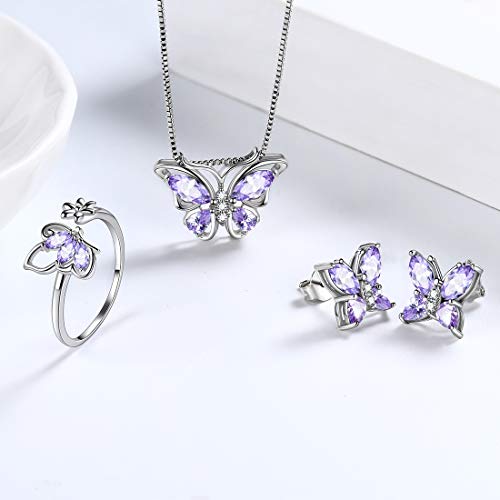 Aurora Tears Butterfly Jewelry,Women 925 Sterling Silver Butterflies Birthstone Pendant Necklace/Earrings/Rings Wedding Gift - color: F.June-set 2