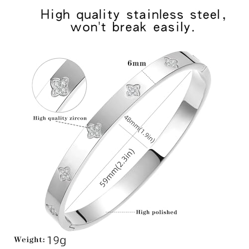 14K Gold Plated Four Leaf Clover Bangle Bracelet | Stainless Steel Lucky Love Cuff with Cubic Zirconia, Hypoallergenic Jewelry Gift for Women - color: Clover Silver-Small