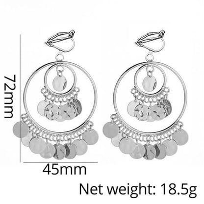 Clip On Boho Disc Tassel Long Dangle Drop Earrings for Women Non Pierced Ear Fake Stud Fashion Round Coin Hollow Circle Moon Shaped Big Dangling Hypoallergenic Jewelry Christmas Gift - color: silver