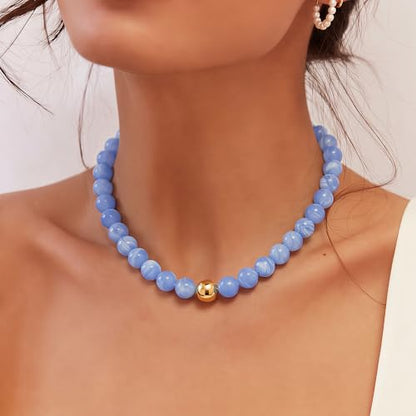 Multicolor Chunky Beaded Necklace, Statement Colorful Round Ball Beads Choker Necklace with Gold-Tone Adjustable Chain, Fashion Bold Neck Jewelry for Women - color: 16mm-Lake Blue