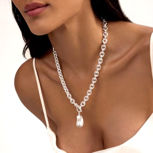 Zeffy 14K Gold/Silver Plated Chunky Thick Chain Toggle Clasp Necklace Dainty Baroque Pearl/Heart/Cross/Turquoise Pendant Necklace - color: Silver Baroque Pearl Necklace