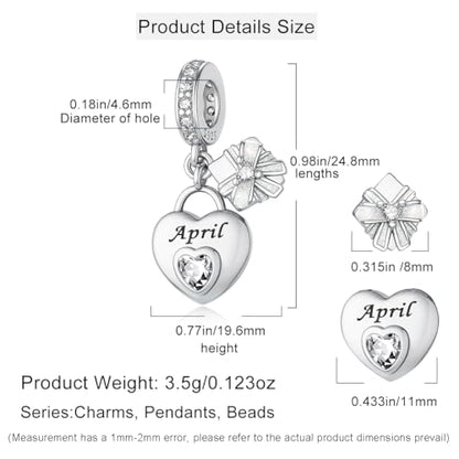 HappyStar 925 Sterling Silver Happy Birthday Bead Charm Love Heart Shape Birthstone Charms for Bracelets Dangle Pendant with 5A Cubic Zirconia Compatible Pandora Bracelets Jewelry Gift for Women - color: 4-April Birthstone Charms