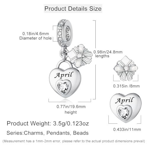 HappyStar 925 Sterling Silver Happy Birthday Bead Charm Love Heart Shape Birthstone Charms for Bracelets Dangle Pendant with 5A Cubic Zirconia Compatible Pandora Bracelets Jewelry Gift for Women - color: 4-April Birthstone Charms