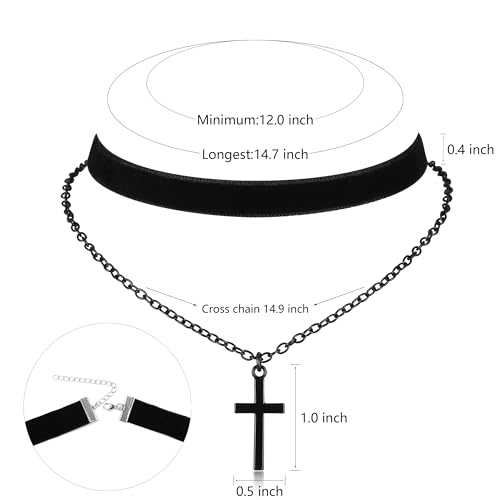 Gothic Layered Necklace, Black Velvet Choker with Dark Pendant | Soft Velvet Choker, Black Pendant, Layered Chain, Dark Academia Aesthetic, Alt Fashin Jewelry, Goth Gift for Women - style: Black Cross