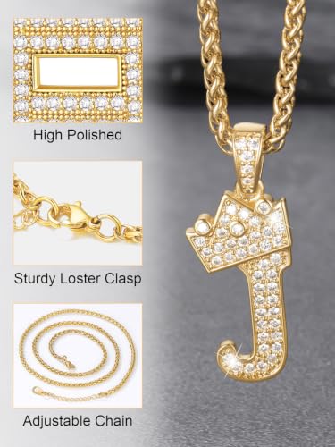 U7 Crown Initial Necklace Men Women, Bling Diamond A-Z 0-9 Letter Pendant with Wheat Chain, Silver/Black/Gold Plated CZ Alphabet Number Hip Hop Jersery for Father Husband - color: a. Gold, size: 10. J