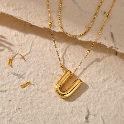 LUCA SMITH 2-Piece Initial Necklaces for Women, Dainty Balloon Bubble A-Z Letter Necklace Set, Name Letter Alphabet Pendant Layered Choker Necklaces Personalized Jewelry Gift - color: Gold bubble letter necklace, style: Initial Set-U