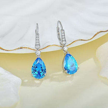 Women 925 Sterling Silver Birthstone Teardrop Leverback Drop Dangle Earrings 8 * 12mm 5A Cubic Zirconia Jewelry for Her - color: March,Aquamarine Color