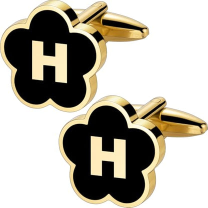 Initial Cufflinks for Mens,Personalized Black Glod Pated Letter Shirts CuffLinks,Stainless Steel Cuff Links, Business Wedding Gift A-Z - style: Letter H