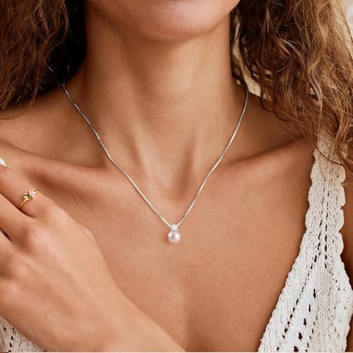 WFYOU Silver Gold Pearl Necklaces for Women 14K Gold Plated Dainty Necklace | Wedding Charm Pendant Necklace, Simple Pearl Necklace Waterproof Non Tarnish, Pearl Jewelry, Mothers Day Bridesmaid Gifts - color: Silver, size: 10mm