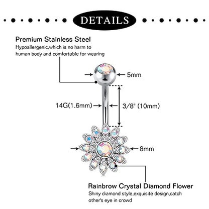 Anicina Belly Button Rings 14G Diamond CZ Belly Rings Surgical Stainless Steel Navel Rings Butterfly Heart Devil Belly Button Piercing Jewelry for Women - color: SetB-silver04