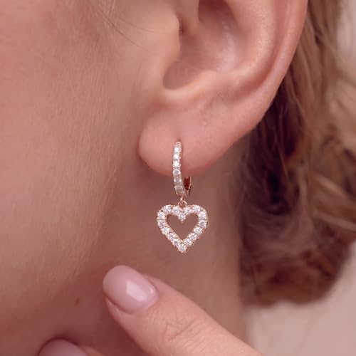 SLUYNZ 925 Sterling Silver CZ Sweet Love Hoop Earrings for Women Teens Hollow Heart Huggie Earrings Drop - color: C-Rose Color
