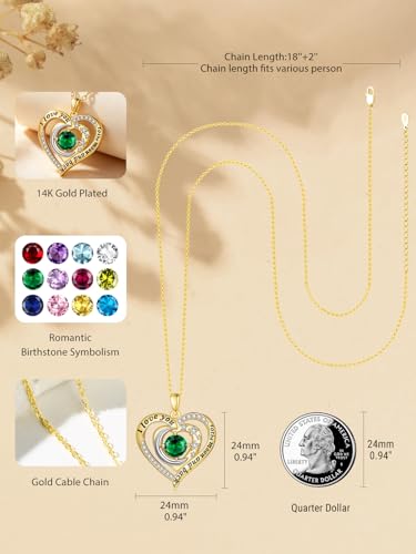 14K Gold I Love You to the Moon and Back Necklace for Women, Double Heart Birthstone Necklace, Moon Star Love Jewelry, Christmas Valentines Mothers Day Birthday Gifts for Wife Mom Girlfriend - color: 05-May Birthstone