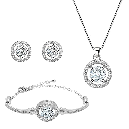 Crystal Jewelry Set for Women Cubic Zirconia CZ Jewellery Bridal Pendant Necklace Bracelet Earrings Set Wedding Jewelry Set - color: Silver