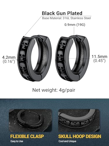 PROSTEEL Stainless Steel Huggie Hoop Earrings for Mens Gold/Black/Silver | Skull/Infinity Pattern, Spike/Cuban Links 4 Design Options Hypoallergenic Lightweight Earring Hip Hop Punk Gothic Jewelry - style: Skull-Black