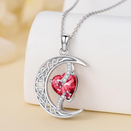 TOUPOP Moon and Star Birthstone Necklace for Women 925 Sterling Silver Celtic Moon Jewelry Birthday Mothers Day Gifts for Mom Wife Her - color: 07-July-Ruby