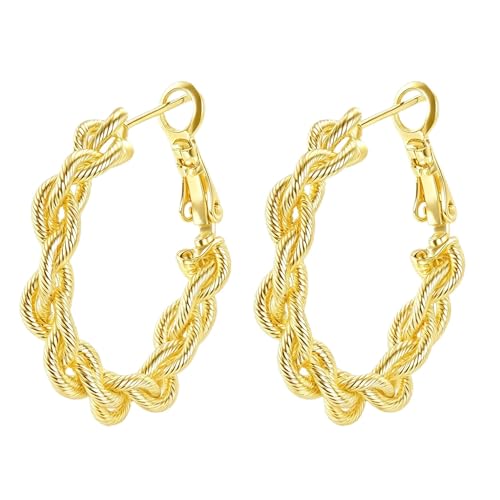 14K Gold Braided Texture Hoop Earring, 32/40mm Twist Rope Design Round Hoop Earrings for Women Gold Jewelry Gifts for women - style: Twisted Braided Earrings-32mm