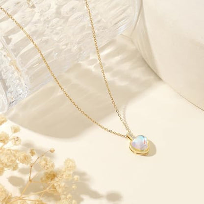 Heart Birthstone Necklace for Women, 14K Gold Plated Birthstone Pendant Necklace Cubic Zirconia Diamond Necklace Dainty Gold Necklace Birthday Gifts for Women Girls - color: 06. June(Moonstone)