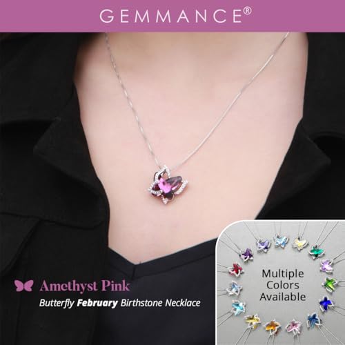 Butterfly Necklace, Birthstone Crystal, for Women, Silver Tone Pendant Jewelry, Anniversary Birthday Gift for Her, Wife & Mom, 18"+2" - color: 02a-February Birthstone - Amethyst Dark Pink Crystal