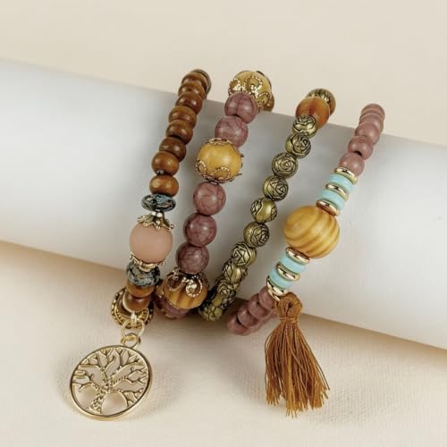4Pcs Boho Vintage Caramel Tone Wooden Beaded Bracelet Set, Multi-Strand Tassel Stretch Turquoise Jewelry for Women