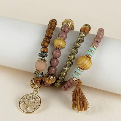 4Pcs Boho Vintage Caramel Tone Wooden Beaded Bracelet Set, Multi-Strand Tassel Stretch Turquoise Jewelry for Women