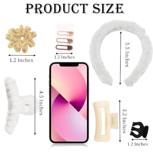 Ouliget Hair Accessories Set for Women, Fuzzy Hair Bands Fuzzy Headband Acrylic Claw Hair Clips Nonslip Jaw Clip Elastic Hair Band,Neutral Colors Winter Hair Accessories,31 Pieces