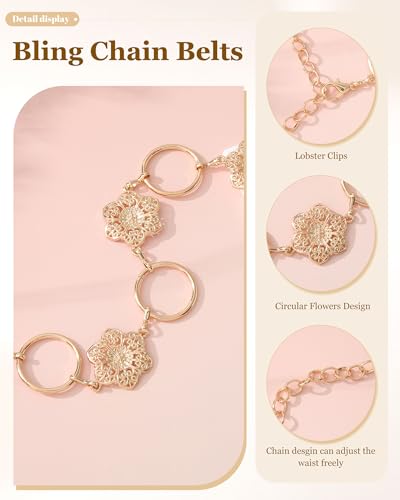 WELROG Metal Waist Chain Belt for Women - Pearls Gold Silver Chain Belts for Dresses Jeans - color: Circle flower(Gold)