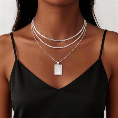 CHESKY Layered Silver Necklace for Women Trendy,Dainty Silver Plated Stackable Charm Necklace Layering Paperclip Tennis Rope Chain CZ Pendant Jewelry Set Gifts - style: Square