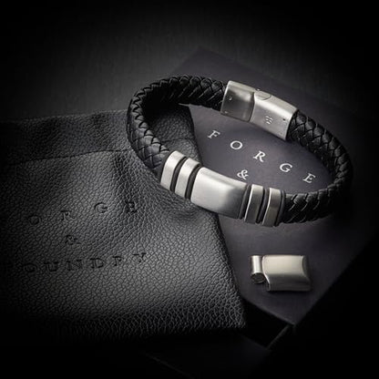 Forge & Foundry Men's Adjustable Black Leather Bracelet | Genuine Woven Leather with Snap Clasp | Design-Led, Artisan Jewelry from London [Navarro] - color: Silver - Single Strand, size: Medium