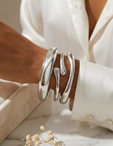 Chunky Gold Bangle Bracelets for Women, Dainty 14k Gold Plated Big Stackable Bangles Set, Trendy Statement Cuff Bracelet Stack Fashion Jewelry Gifts - style: A1-silver