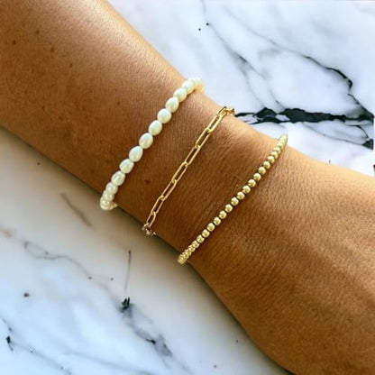 14K Gold Plated Beaded 3Pcs Stack Bracelets for Women, Dainty Trendy Freshwater Stackable Pearl Paperclip Cross Chain Gold Balls Stretch Accessories Jewelry Vacation Gift - color: paperclip