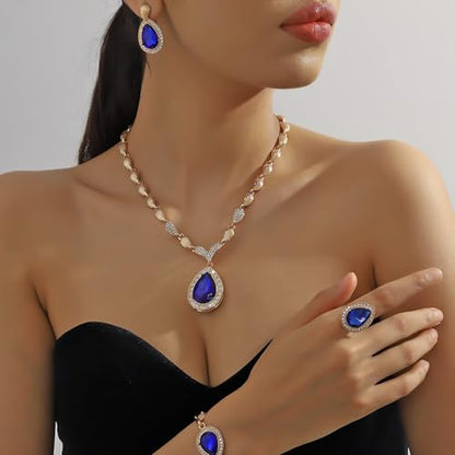 Womens Luxury Africa Dubai 18k Gold Plated Jewelry Sets Wedding Rhinestone Crystal Bib Statement Necklace Earrings Set for Brides Party Prom - color: Royal Blue