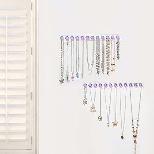 Necklace Holder Wall Mounted Necklace Hanger Hanging Necklace Organizer | Acrylic Jewelry Hanger with 12 Hooks, Jewelry Hooks for Necklaces/Bracelets, Jewelry Wall Organizer - color: Purple – 2Pack