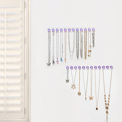 Necklace Holder Wall Mounted Necklace Hanger Hanging Necklace Organizer | Acrylic Jewelry Hanger with 12 Hooks, Jewelry Hooks for Necklaces/Bracelets, Jewelry Wall Organizer - color: Purple – 2Pack