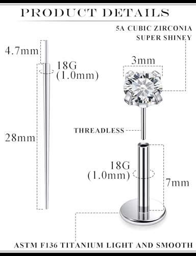 20G 18G 16G F136 Titanium Threadless Flat Back Earrings Nose Studs Tragus Forward Helix Conch Cartilage Lobe Earrings Medusa Labret Snake Bite Monroe Lip Ring Piercing Jewelry For Women Men - size: 18G-7MM Bar-CZ 3MM