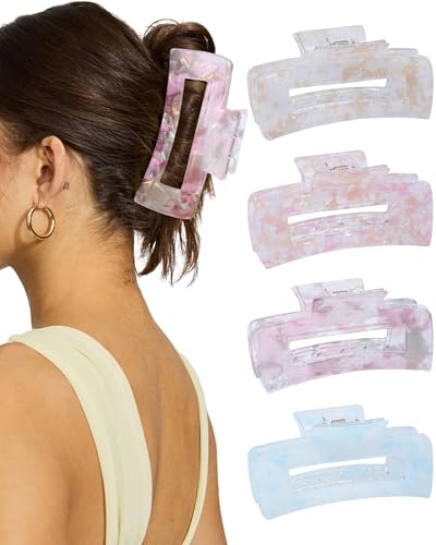 4PCS Large Claw Clips for Thick Hair, Large Acrylic Hair Clips | Modern Marble Geometric Design, Non-Slip Secure Hold for Long Hair, Buns, Updos and Everyday Styling - color: Silver + Rose Pink + Purple + Blue