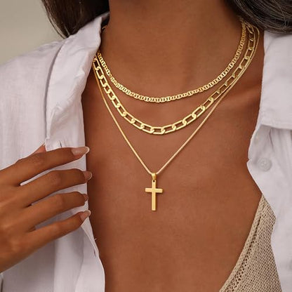 M MOOHAM Layered Gold Necklaces Stack for Women No Tarnish | 14K Gold Plated, Stackable Pendant Necklace Set, Snake Rope Cuban Paperclip Chain, CZ Coin Pendant, Dainty Jewelry Gifts - color: 3 Layered Mirror Cuban Cross Pendant-Gold