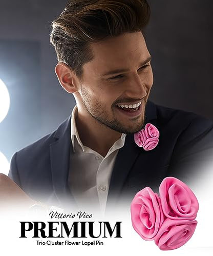 Premium Trio Cluster Flower Lapel Pin - Formal Boutonniere for Men, Flower Brooch Pin - color: Pink