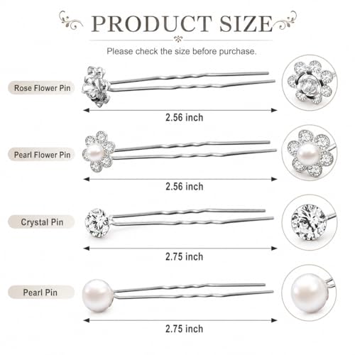 40 Pcs Silver Rhinestone Pearl Hair Pins for Women - U-Shaped Decorative Flower Diamond Hair Accessories, Perfect for Wedding, Prom, Brides, Bridesmaids & Daily Wear