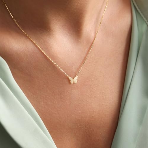 HANLI 14K Gold Plated Necklaces for Women - Dainty Butterfly, Star of David, Moon and Star, Sun, Lotus, Infinity, Hummingbird, Bee,Boots,Chill,Sunflower Pendant Designs - Elegant Jewelry for Women - color: Butterfly