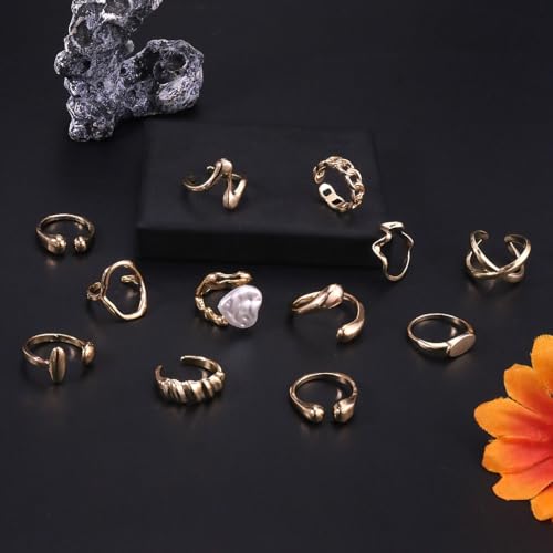 CSIYANJRY99 Gold Silver Rings Set for Women Trendy Irregular Chunky Gold Ring Baroque Pearl Rings Stackable Statement Knuckle Ring Jewelry - color: D-Gold