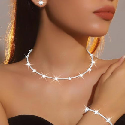 CAVETEE Jewelry Set - Prom Jewelry Crystal Bridal Necklace, Bracelet & Pendant Earring Jewelry Set for Women - style: Marquise-cut rhinestone