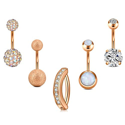 Belly Button Rings Stainless Steel 14G CZ Opal Navel Rings Barbells Women Girls Belly Piercing Jewelry - color: Rose Gold Color-Clicker-StyleC: 5PCS