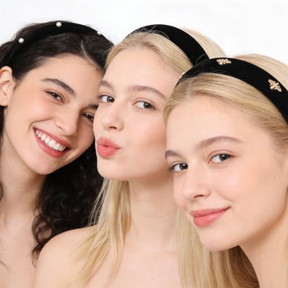 3pcs Non Slip Padded Black Headbands 3 Styles - Black Velvet Headbands For Women - Fashion Stylish Headband For Women With Pearl & Bee Design