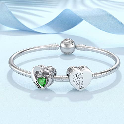 SEVENWELL Jan-Dec Birthstone Charms for Pandora Bracelets, Heart Charm | Fits Most European Charm Bracelets, Sparkling Heart CZ, Birth Flower Engraved, Gift Ready, Nickel-Free - color: May Birthstone Charm