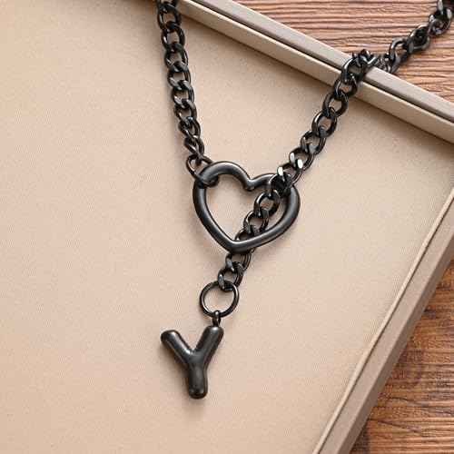 sroyte Black Heart Slip Chain Initial Necklaces for Women,Stainless Steel O-Ring Adjustable Lariat Heart Y-Necklace,Punk Gothic Cuban Collar Choker Necklace for women - color: Black Y