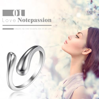 Cupimatch Modern Teardrop Adjustable Ring - Women Polished Stainless Steel Open Cuff Ring, Minimalist Wedding Anniversary Gift（Size:7