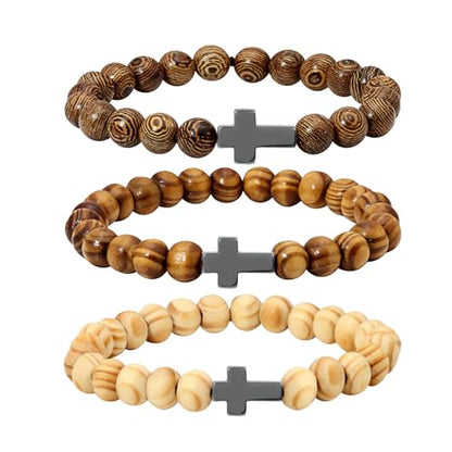 8mm Cross Beads Wooden Bracelet for Men Women Healing Lava Rock Stretch Bracelets Set - color: C1-Black Cross Beads